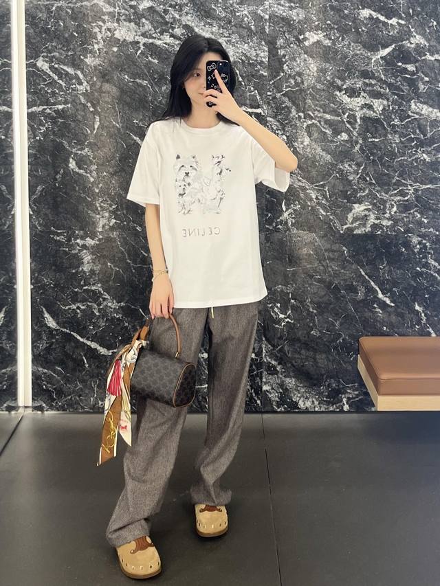 Celin* 26Ss Early Spring New Dog Print Crew Neck Short Sleeve T-Shirt | Exclusiv