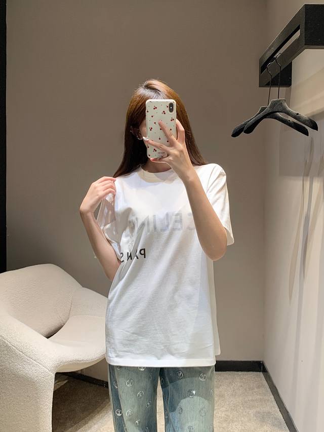 Celin* 26Ss Early Spring New Letter Print Embroidered Crew Neck Short Sleeve T-S