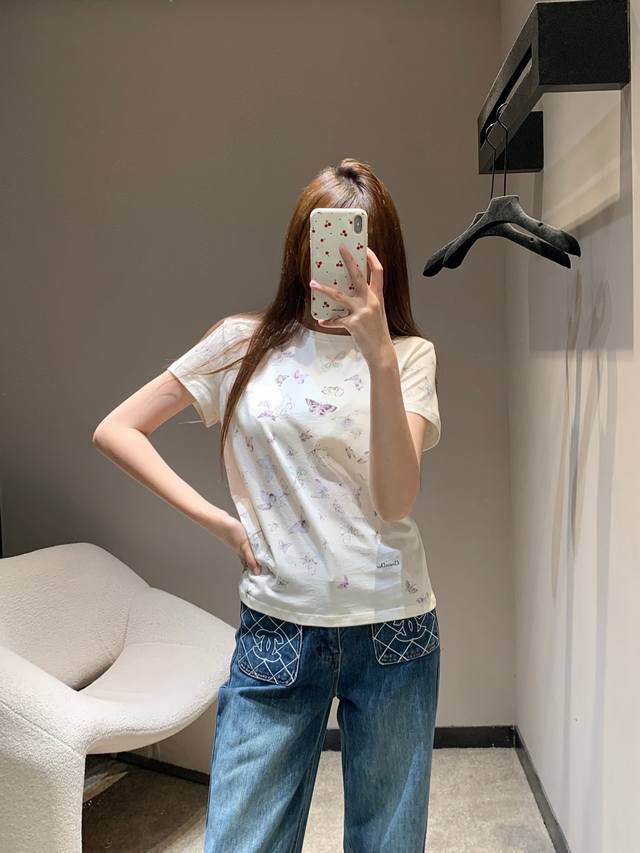 Dio* 26Ss Early Spring New Butterfly Print Crew Neck Short Sleeve T-Shirt | Excl