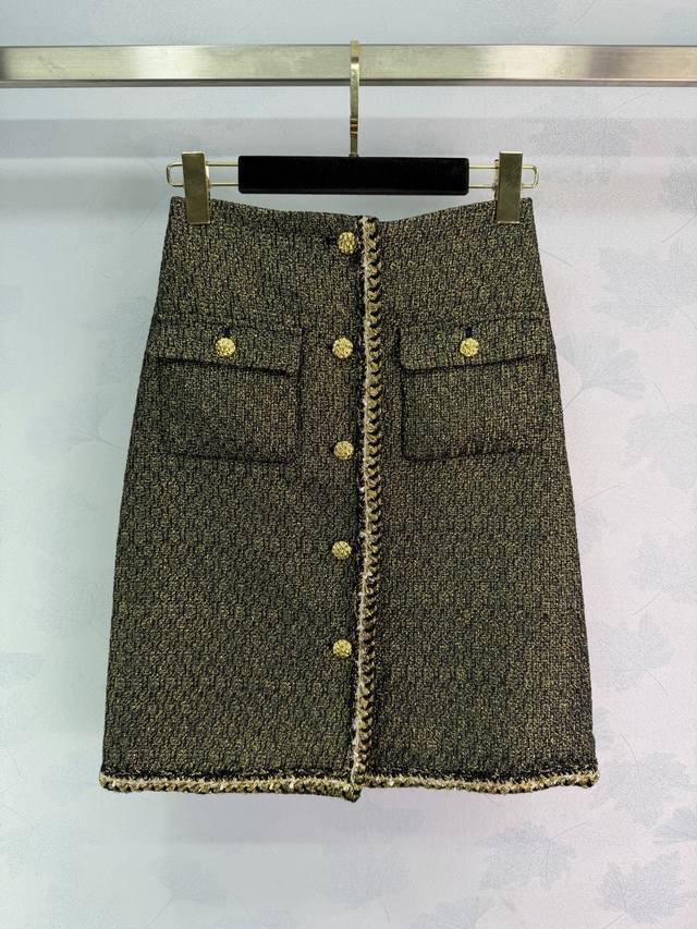 Ch*25 Autumn/Winter New Classic Tweed Midi Skirt, Olive Green with Gold Accents,