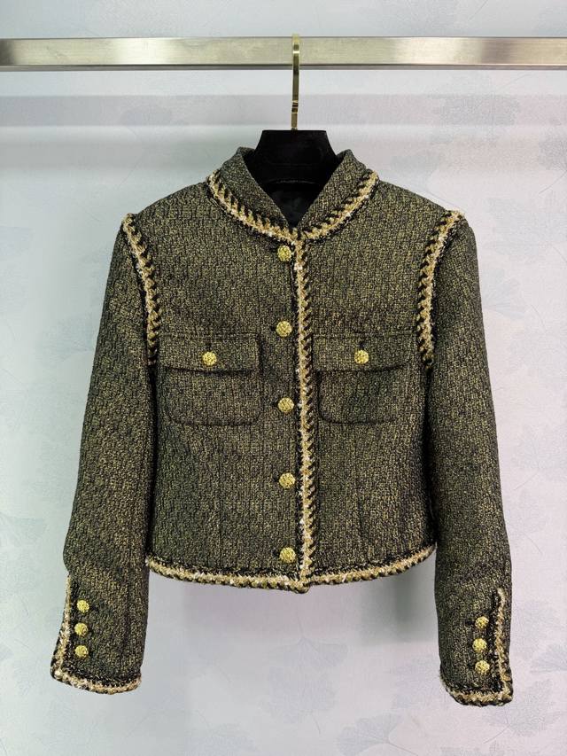 Ch*2025 Autumn/Winter New Tweed Coat, Black, Gold, and Green Tweed with Gold Thr