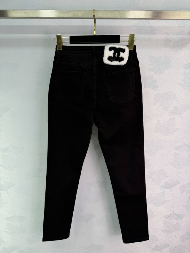 Ch*25 Autumn/Winter New Style Furry Jeans. Classic black denim with a white plus