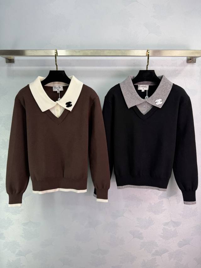 Ch* 2025 Autumn/Winter New Color-Blocked Collar Faux Two-Piece Knit Top! Crafted