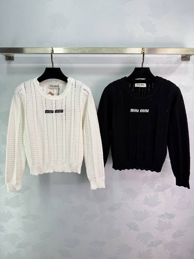 Miumi*2025 Autumn/Winter New Hollow-Out Knit Long-Sleeve Top! Made with custom w