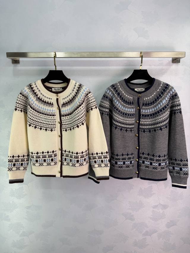 Miumi*2025 Autumn/Winter New Color-Blocked Crew Neck Knitted Long-Sleeve Cardiga