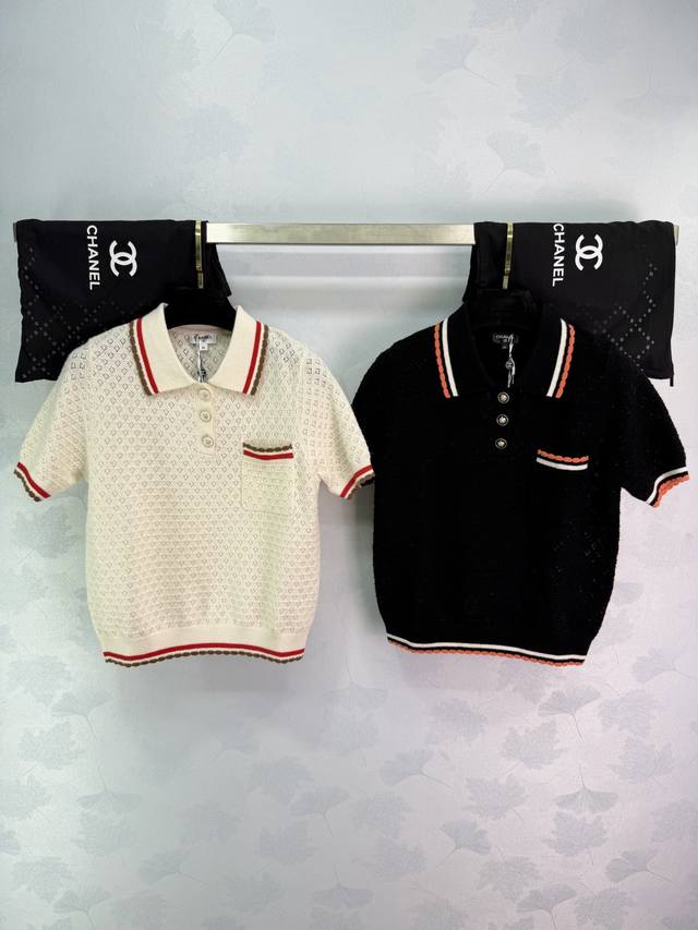 Chane*2025 Early Autumn New Color-Blocked Collared Knitted Short-Sleeve Shirt, C