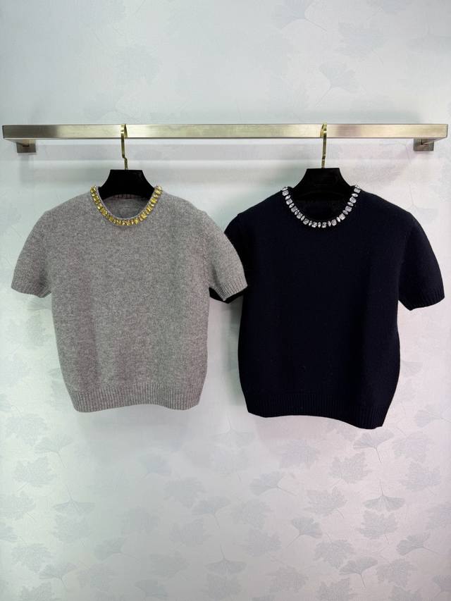 prad* 26Ss Early Spring New Rhinestone-Embellished Wool and Cashmere Crew Neck S