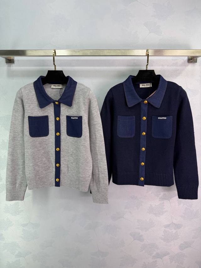 Miumi*2025 Autumn/Winter New Color-Blocked Lapel Long-Sleeve Cardigan! Made with