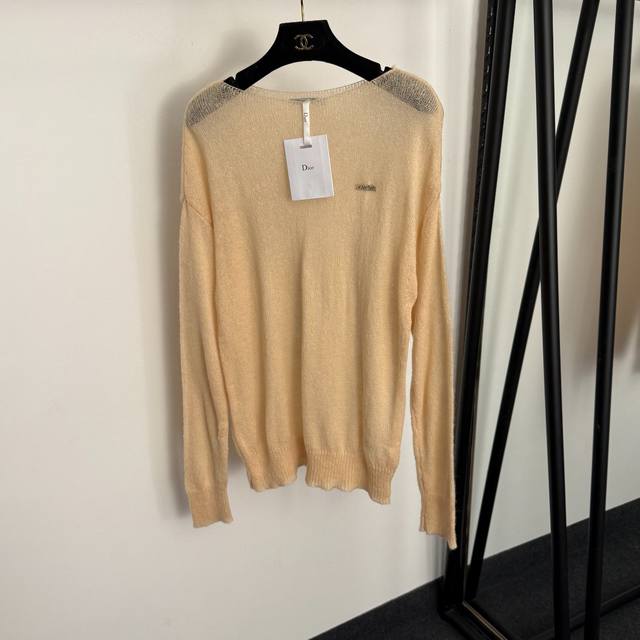 Style No. 20257822 Dio* New Rhinestone Logo Brooch Long-Sleeve Knit Top, Aprico