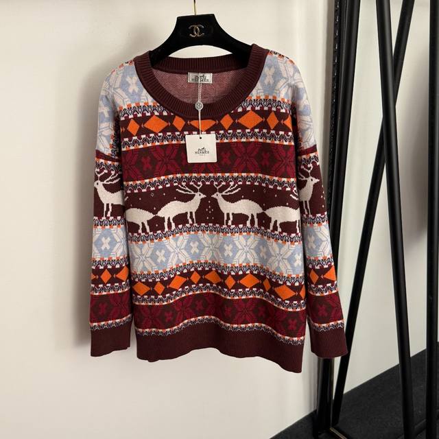 Style No. 20257810 Herme* New Christmas Deer Color Block Jacquard Pullover Long