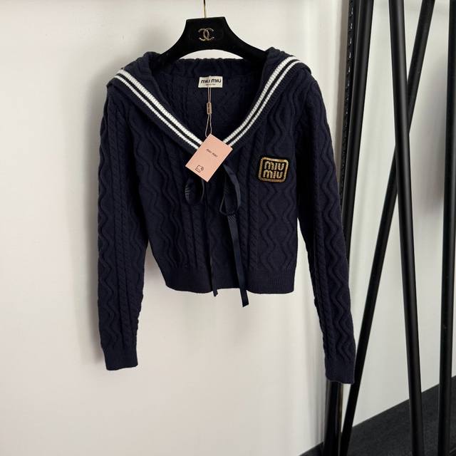 Style No. 20257804 Miumi* New Beaded Logo Letter Bow Sailor Collar Long-Sleeve