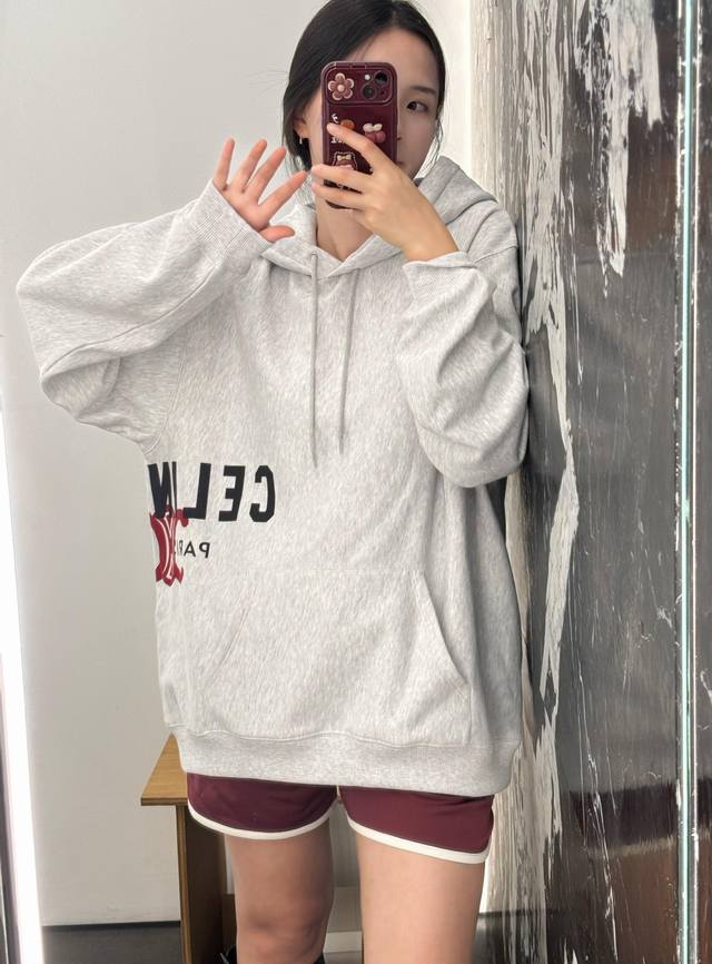 Celin* 26Ss Early Spring New Arrival Side Letter Arc de Triomphe Print Hooded Sw