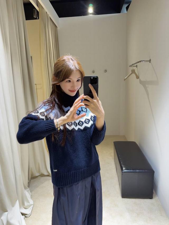 prad* 25Fw Autumn/Winter New Cashmere Blend Turtleneck Jacquard Knit Sweater | E