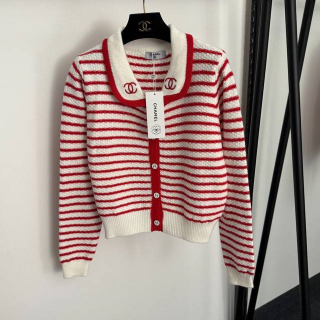 Style No. 20257665 Chanel* New Logo Embroidered Lapel Long-Sleeve Striped Knit