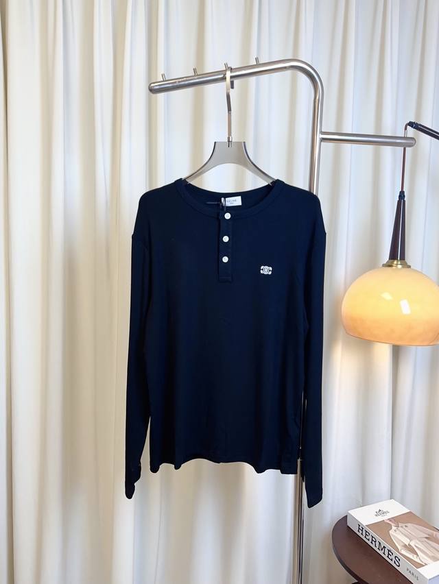 Ce** New Embroidered Logo Long-Sleeve T-Shirt. Custom-woven imported ribbed stre