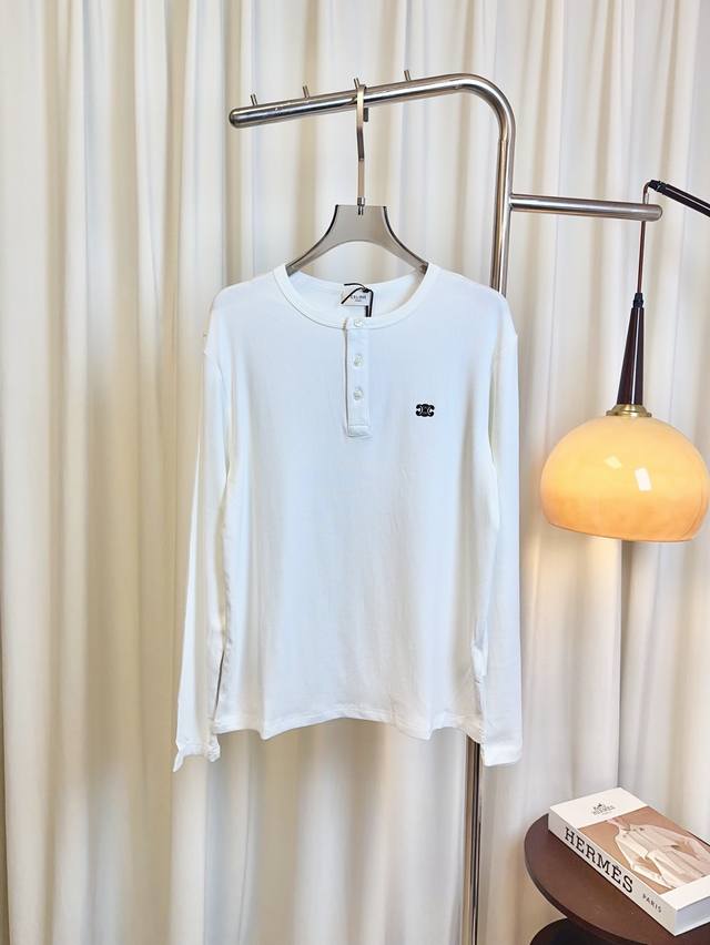 Ce** New Embroidered Logo Long-Sleeve T-Shirt. Custom-woven imported ribbed stre