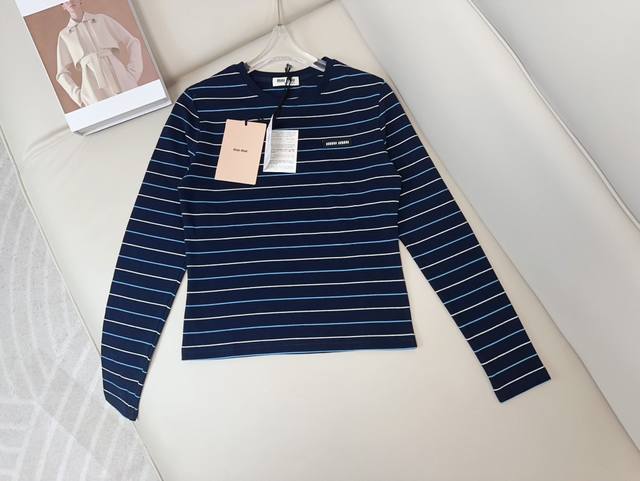 Miu** New Logo Striped Long-Sleeve T-Shirt. Custom-woven striped pure cotton fab