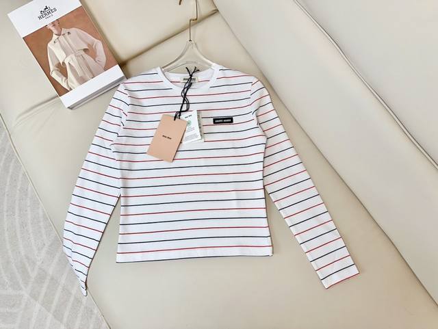 Miu** New Logo Striped Long-Sleeve T-Shirt. Custom-woven striped pure cotton fab