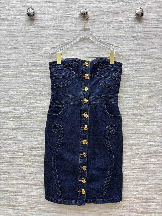 Sch 25 Early Autumn New Arrival Denim Strapless Dress with Irregular Button Deco