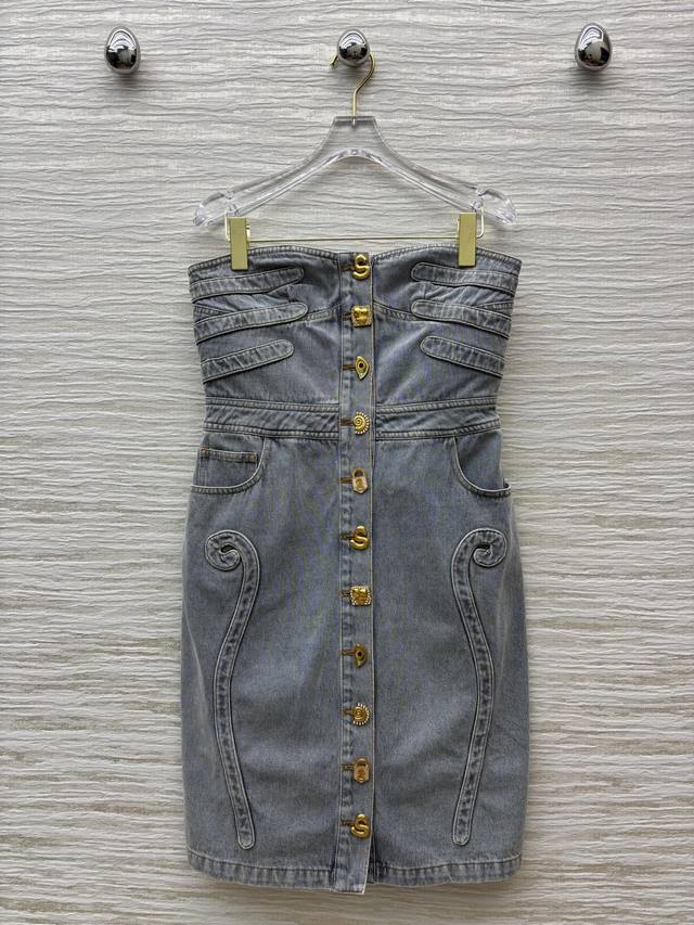 Sch 25 Early Autumn New Arrival Denim Strapless Dress with Irregular Button Deco