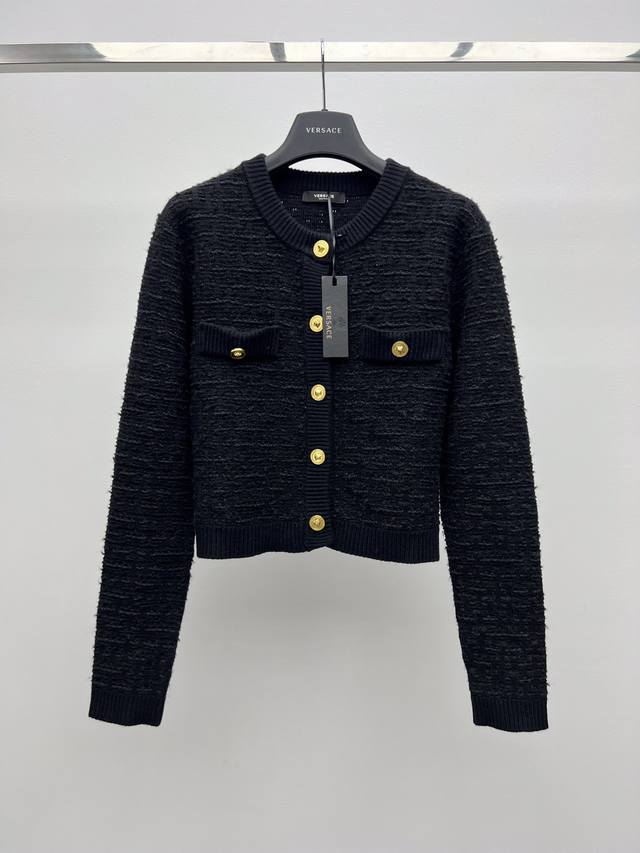 Versac* Gold-buttoned knit cardigan Made from wool-textured Boucle tweed fabric