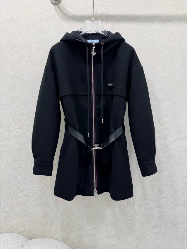 prad*25 New Hooded Belted Wool Coat. Custom triangular logo zipper on the collar