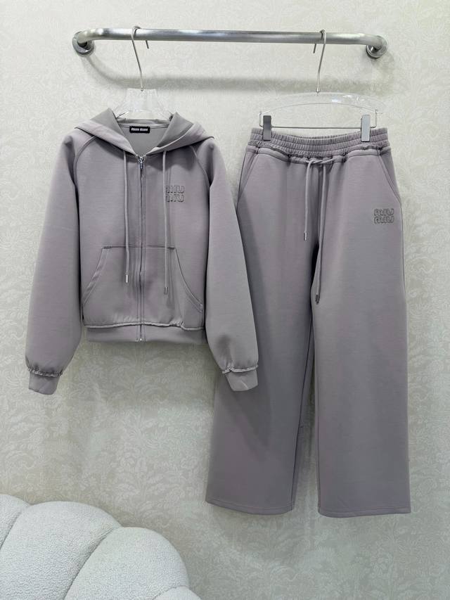 Miumi*25 New Casual Sports Suit Custom Fabric Hooded Jacket Wide-Leg Pants Class