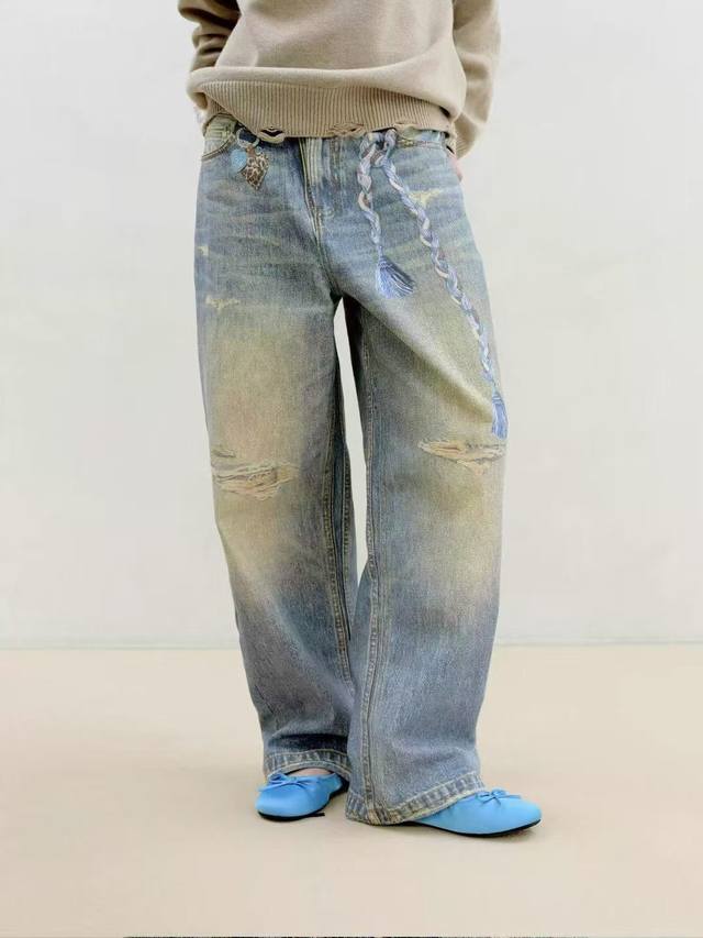 Niche Original Design Cartoon Chain Print Straight Leg Casual Jeans Size: SM Si