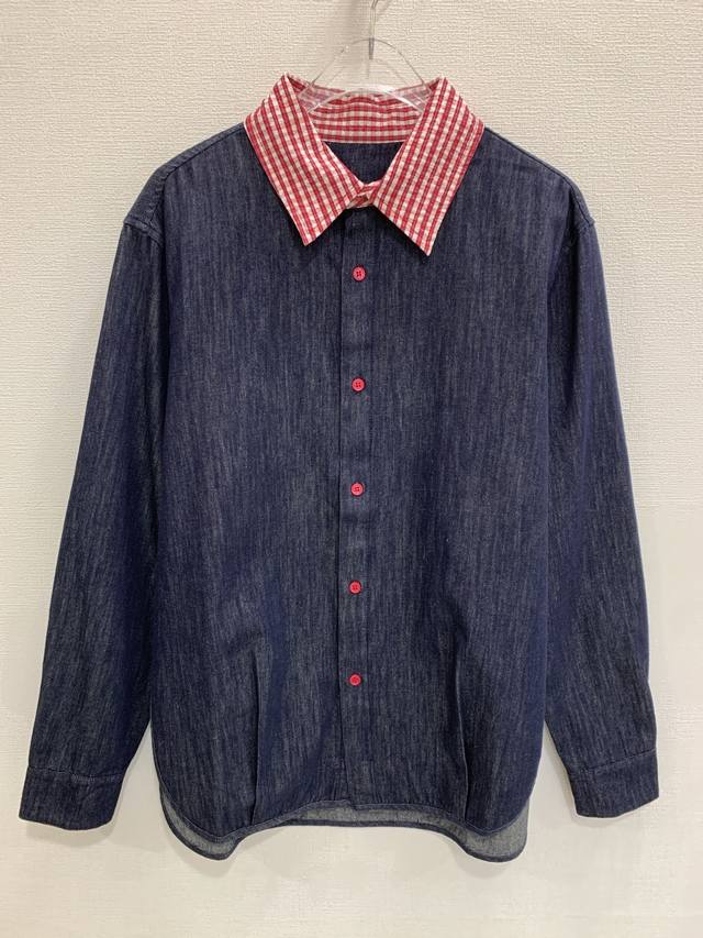 Retro Style Youthful Fashionable Color Block Plaid Collar Thin Denim Shirt Size