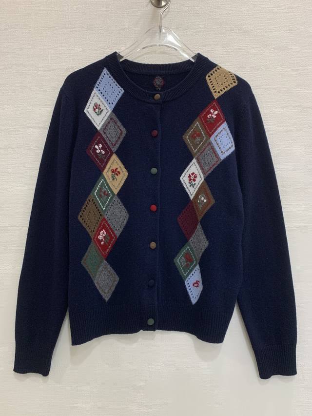 Erdo* Intarsia Diamond Print Wool Knit Cardigan Sizes: SML XL M: Bust 92cm, Leng