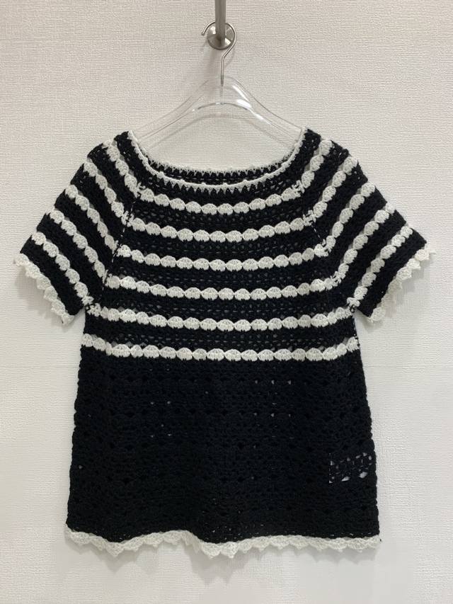 Color-blocked crochet openwork ~ Soft pure cashmere short-sleeved knit sweater