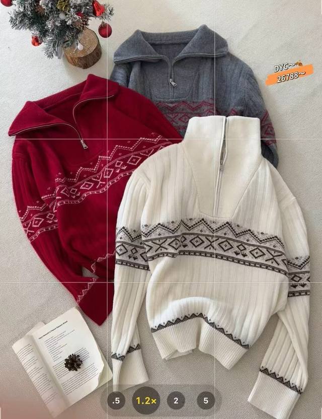 European Style 2025 Winter Half-Zip Stand Collar Fair Isle Wool Knit Sweater, Lo