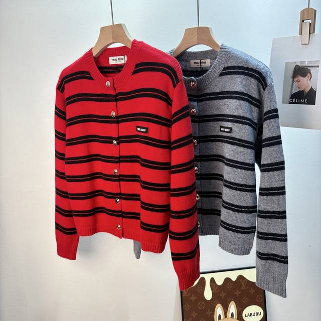 Miumiu Fall/Winter 2025 New Arrival, Classic Striped Knit Cardigan, Simple and V
