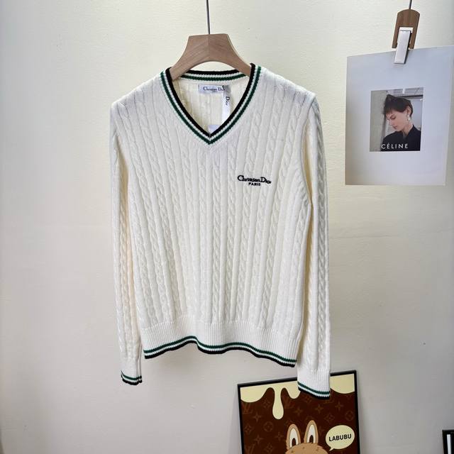 Dr White Green Trim Cable Knit Long-Sleeve V-Neck Sweater Early Autumn New Arriv
