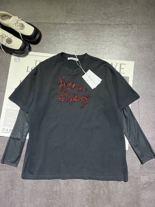 pp Acne Studi* New round neck metal letter logo embroidered faux two-piece loose