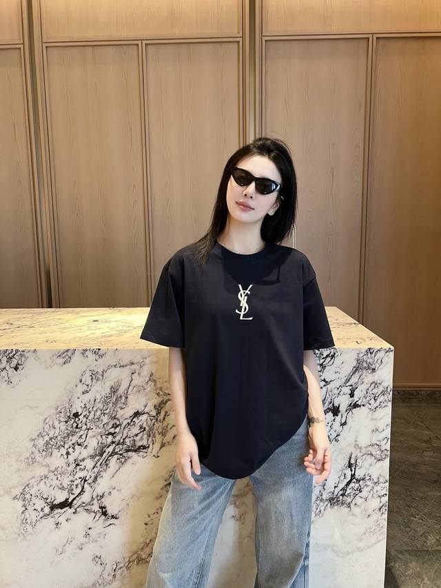 YSL Large Logo Print Short-Sleeve T-Shirt This navy blue short-sleeve shirt exud