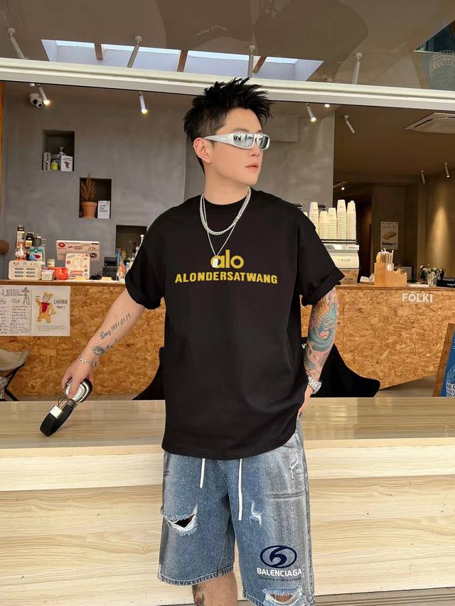 Alo New Letter Print Double-Layer Heavy-Duty Short-Sleeve T-Shirt. The letter pa