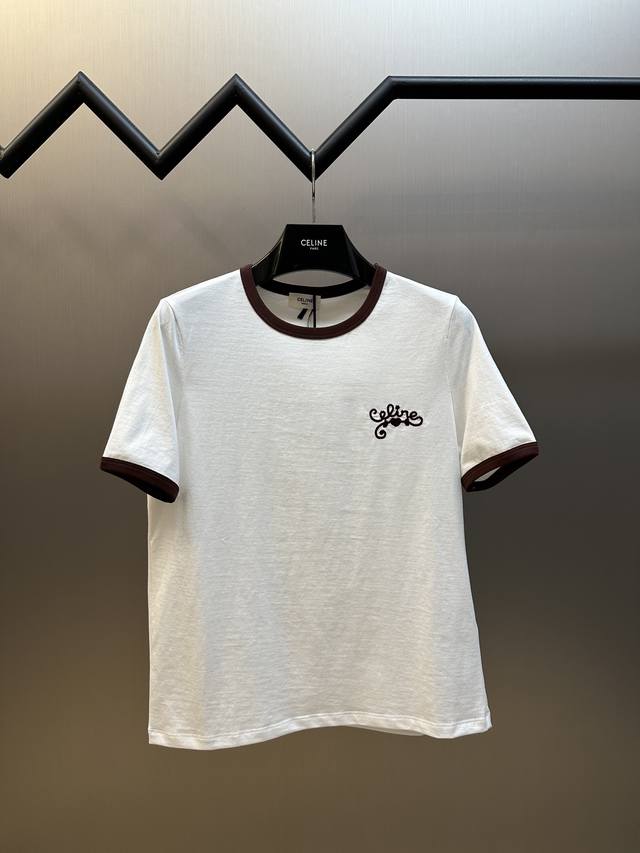 Celine Color Block Embroidered Short-Sleeve T-Shirt ( ) Made of imported 100% c