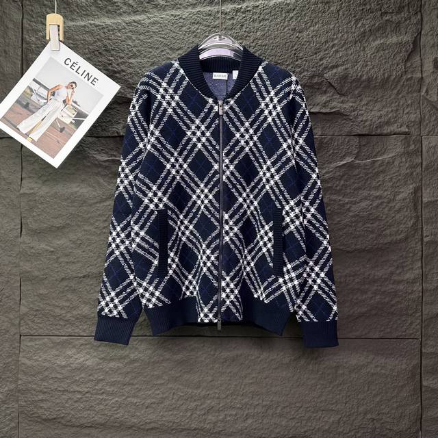 Top-tier version Burberry 2025 new classic diamond pattern couple knitted zip-up