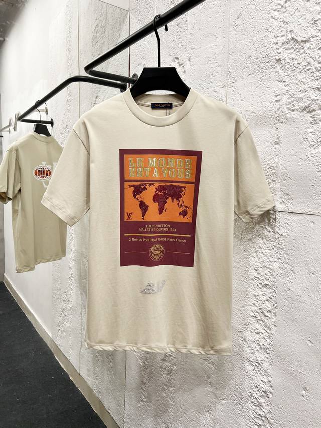 Louis Vuitton*Louis Vuitton World Map Rhinestone Short-Sleeve T-Shirt Custom 280