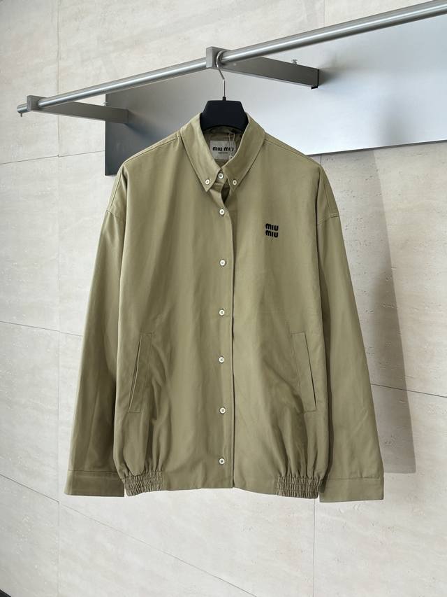 Miumi* Khaki Embroidered Jacket Custom-dyed double-shuttle textured fabric and c