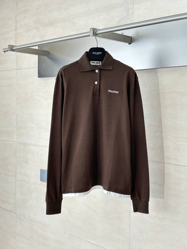 Miumiu* Miu Miu 2024 New Coffee Brown Faux Two-Piece Pique Cotton Polo Long-Slee