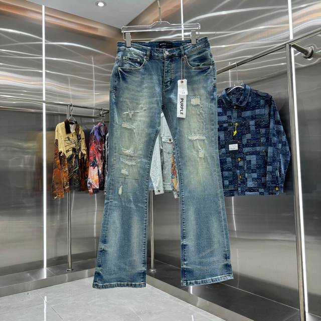 purple Brand Ripped Washed Denim Jeans, Street Style, Flared, Stretch, Blue. Siz
