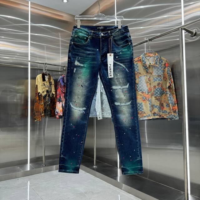 purple Brand Graffiti Ripped Washed Street Style Slim Fit Stretch Jeans, Dark Bl
