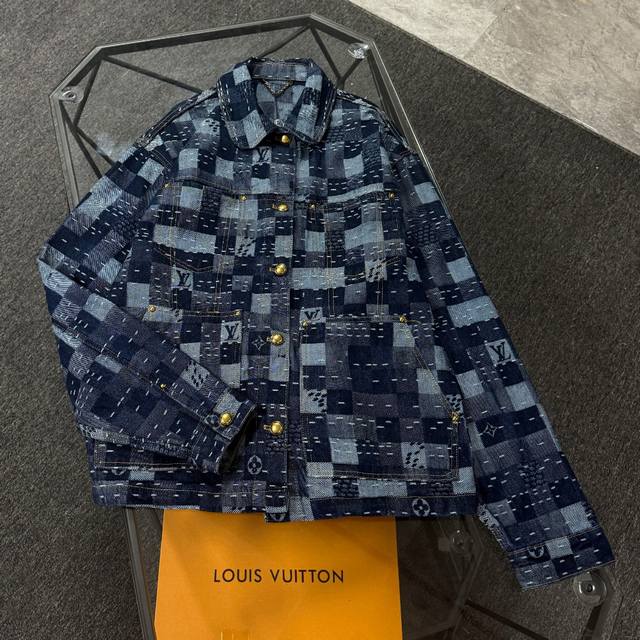 Louis Vuitton 2026 High-Quality Embroidered Check Single-Breasted Denim Jacket,