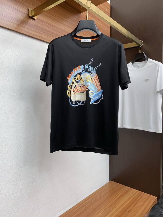 Hermes 25Ss New Crew Neck Short Sleeve Custom Mercerized Cotton Short Sleeve T-S