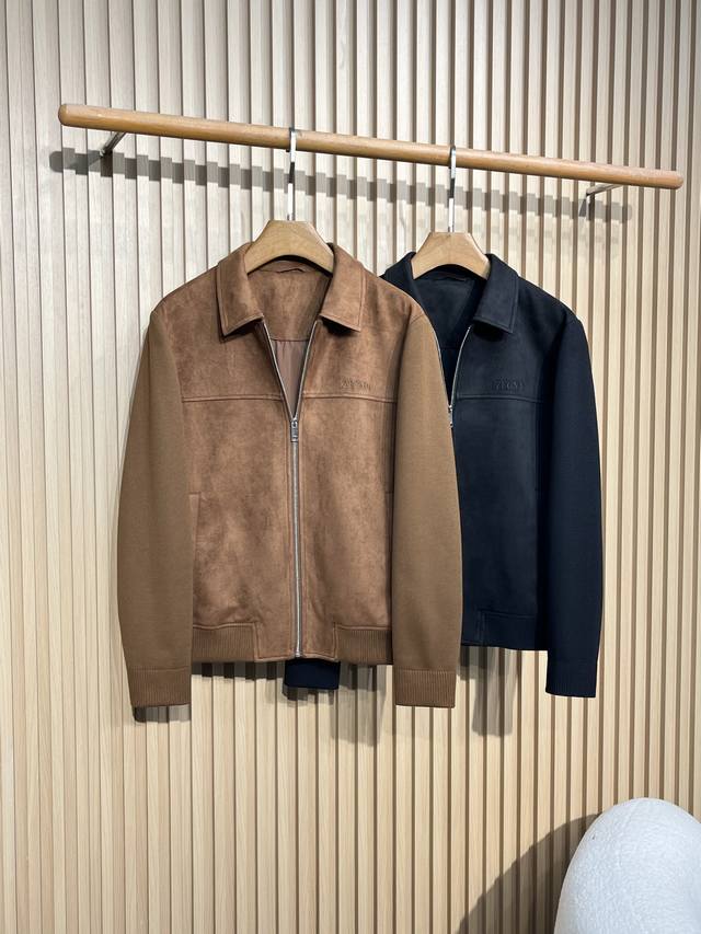 144 Zegna 25 Early Autumn New Suede Stand Collar Knit Sleeve Jacket Deer Leather