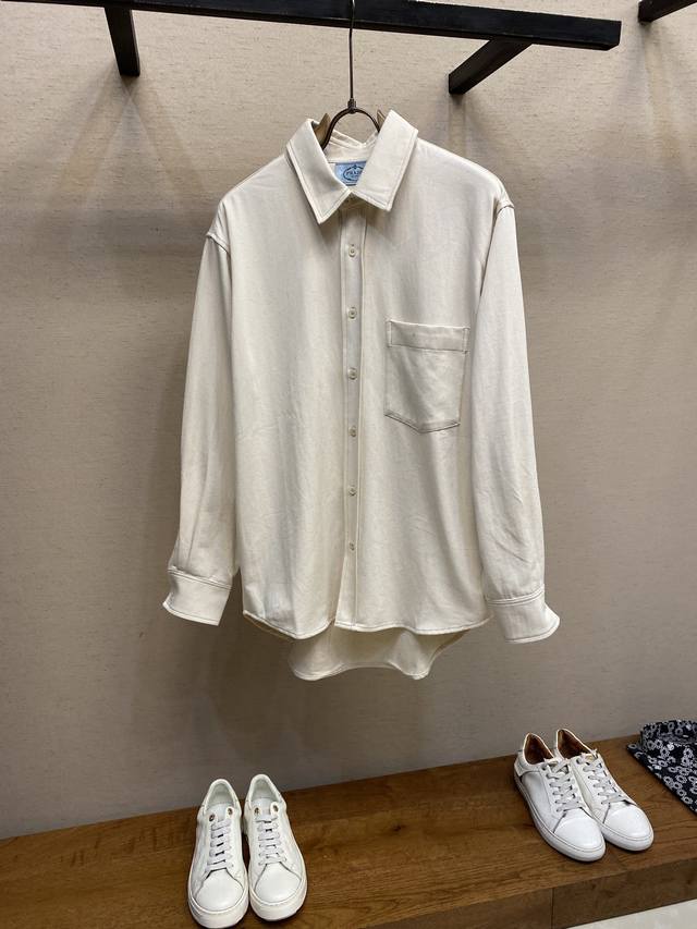 Prada, New Denim Shirt Jacket with Triangle Logo Design on the Back Collar, Loo