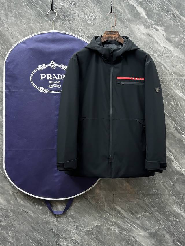Prada Fall/Winter 2025 Red Stripe Hooded Mid-Length Jacket ( ). Made with 100g-