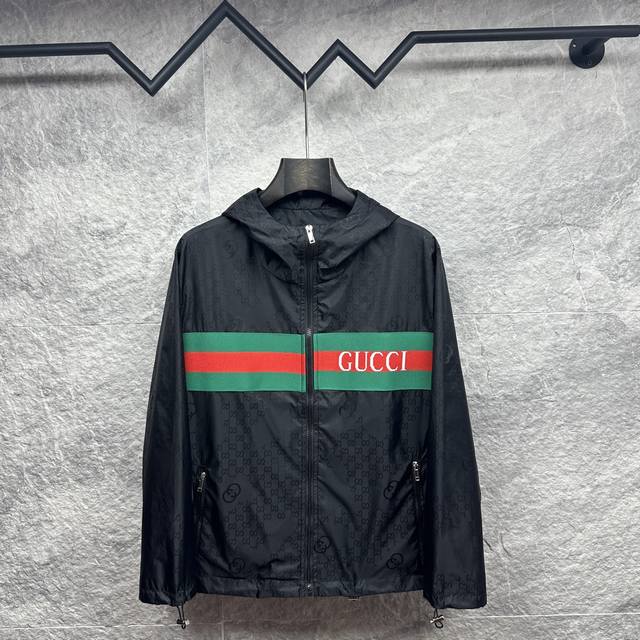 Gucci 2025 New Style Embroidered Logo Webbing Couple Hooded Jacket. High-quality